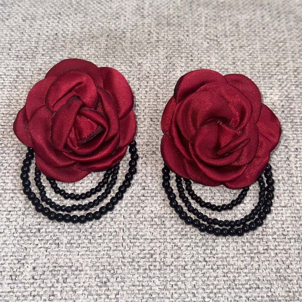 Red Floral Rose and Black Bead Sultry Earrings